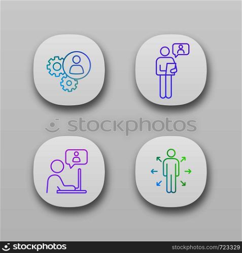 Business management app icons set. UI/UX user interface. Teamwork, online job interview, chatting, decision management. Web or mobile applications. Vector isolated illustrations. Business management app icons set