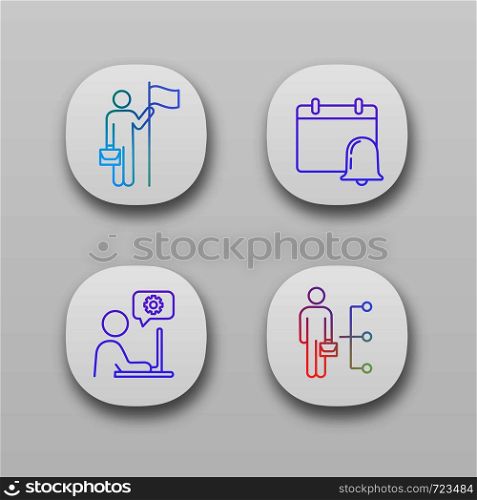 Business management app icons set. UI/UX user interface. Achievement, reminder, technical support, employee skills. Web or mobile applications. Vector isolated illustrations. Business management app icons set