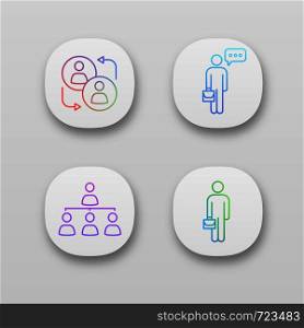Business management app icons set. UI/UX user interface. Partnership, businessman thinking, professional hierarchy, manager. Web or mobile applications. Vector isolated illustrations. Business management app icons set