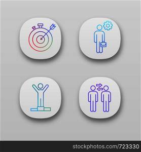 Business management app icons set. UI/UX user interface. Smart goal, manager, champion, partnership. Web or mobile applications. Vector isolated illustrations. Business management app icons set