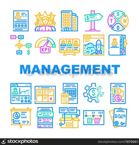 Business Management Business Icons Set Vector. Product Business Management And Presentation, Crm Marketing And Swot Analysis, Earning Money And Launch Startup Line. Color Illustrations. Business Management Business Icons Set Vector