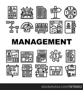 Business Management Business Icons Set Vector. Product Business Management And Presentation, Crm Marketing And Swot Analysis, Earning Money And Launch Startup Black Contour Illustrations. Business Management Business Icons Set Vector