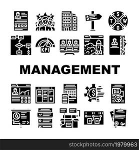 Business Management Business Icons Set Vector. Product Business Management And Presentation, Crm Marketing And Swot Analysis, Earning Money And Launch Startup Glyph Pictograms Black Illustrations. Business Management Business Icons Set Vector