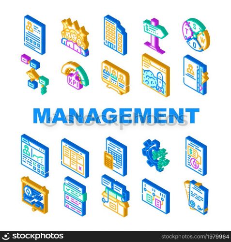 Business Management Business Icons Set Vector. Product Business Management And Presentation, Crm Marketing And Swot Analysis, Earning Money And Launch Startup Isometric Sign Color Illustrations. Business Management Business Icons Set Vector