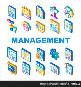 Business Management Business Icons Set Vector. Product Business Management And Presentation, Crm Marketing And Swot Analysis, Earning Money And Launch Startup Isometric Sign Color Illustrations. Business Management Business Icons Set Vector
