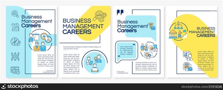 Business management careers blue and yellow brochure template. Booklet print design with linear icons. Vector layouts for presentation, annual reports, ads. Questrial, Lato-Regular fonts used. Business management careers blue and yellow brochure template