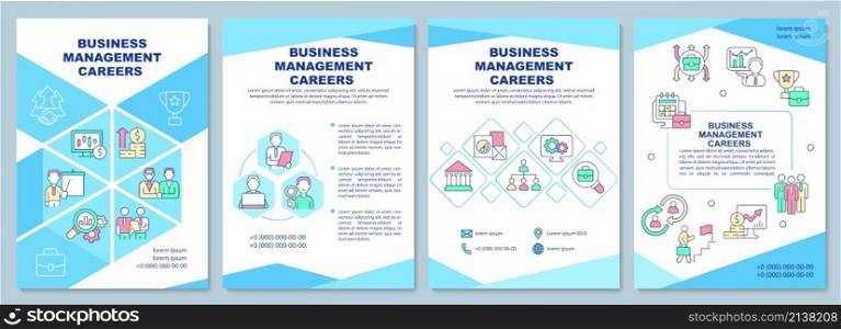Business management careers brochure template. Booklet print design with linear icons. Vector layouts for presentation, annual reports, ads. Arial-Black, Myriad Pro-Regular fonts used. Business management careers brochure template