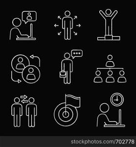 Business management chalk icons set. Chatting, decision, success, partnership, speech, hierarchy, partners, achievement, working hours. Isolated vector chalkboard illustrations. Business management chalk icons set