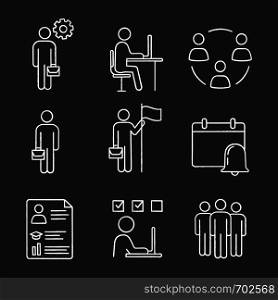 Business management chalk icons set. Manager, office, partnership, businessman, goal achieving, reminder, resume, task solving, team. Isolated vector chalkboard illustrations. Business management chalk icons set