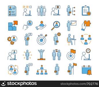Business management color icons set. Headhunting and HR management. Teamwork and leadership. Business development. Isolated vector illustrations. Business management color icons set
