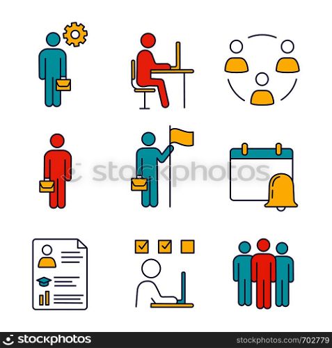 Business management color icons set. Manager, office, partnership, businessman, goal achieving, reminder, resume, task solving, team. Isolated vector illustrations. Business management color icons set