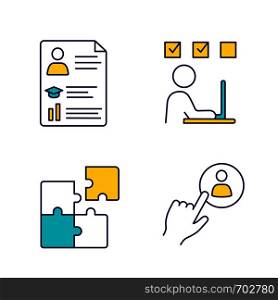 Business management color icons set. Resume, online training, solution searching, staff hiring button. Isolated vector illustrations. Business management color icons set