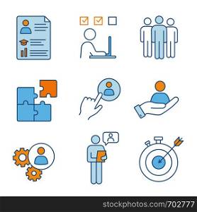 Business management color icons set. Resume, task solving, team, solution, staff hiring button, smart goal, online interview, teamwork, person in hand. Isolated vector illustrations. Business management color icons set