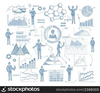 Business management concept with sketch people and charts vector illustration. Sketch Management Concept