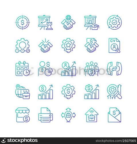 Business management gradient linear vector icons set. Marketing and sales. Corporate finance. Company growth. Thin line contour symbol designs bundle. Isolated outline illustrations collection. Business management gradient linear vector icons set