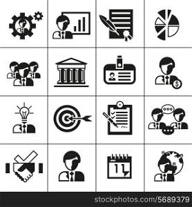 Business management icons black set with contract gear presentation chart isolated vector illustration