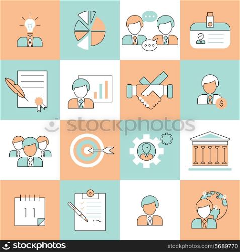 Business management icons flat line set with idea chart communication id isolated vector illustration