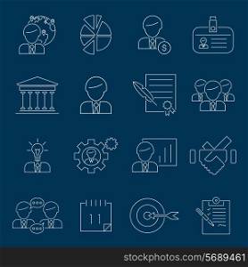 Business management icons outline set with global network chart investment id isolated vector illustration