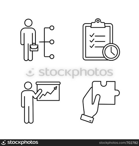 Business management linear icons set. Employee skills, time management, presentation, finding solution. Thin line contour symbols. Isolated vector outline illustrations. Editable stroke. Business management linear icons set