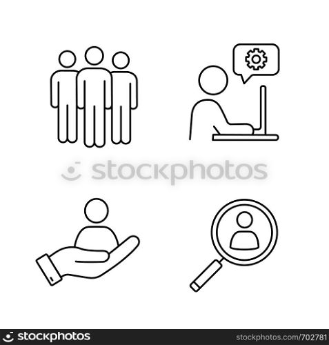 Business management linear icons set. Team, technical support, staff searching, HR management. Thin line contour symbols. Isolated vector outline illustrations. Editable stroke. Business management linear icons set