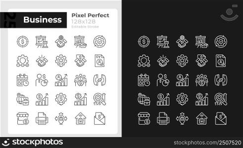 Business management pixel perfect linear icons set for dark, light mode. Thin line symbols for night, day theme. Isolated illustrations. Editable stroke. Montserrat Bold, Light fonts used. Business management pixel perfect linear icons set for dark, light mode