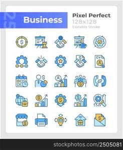 Business management pixel perfect RGB color icons set. Marketing and sales. Isolated vector illustrations. Simple filled line drawings collection. Editable stroke. Montserrat Bold, Light fonts used. Business management pixel perfect RGB color icons set
