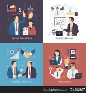Business management skills training and consulting services concept 4 flat icons square design abstract isolated vector illustration. Business Training Concept 4 Flat Icons
