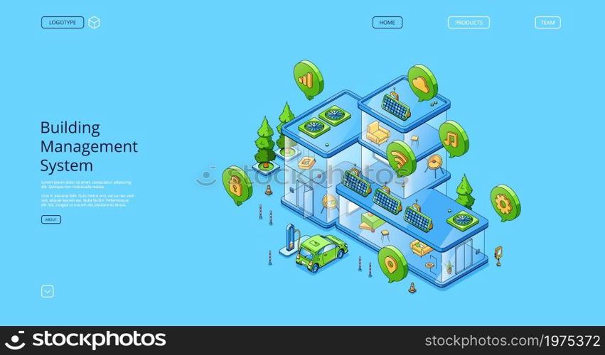 Business management system isometric landing page, computer-based control installed in buildings that managing and mechanical and electrical equipment, home automation, 3d vector line art web banner. Business management system isometric landing page