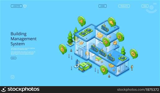 Business management system isometric landing page, computer-based control installed in buildings that managing and mechanical and electrical equipment, home automation, 3d vector line art web banner. Business management system isometric landing page
