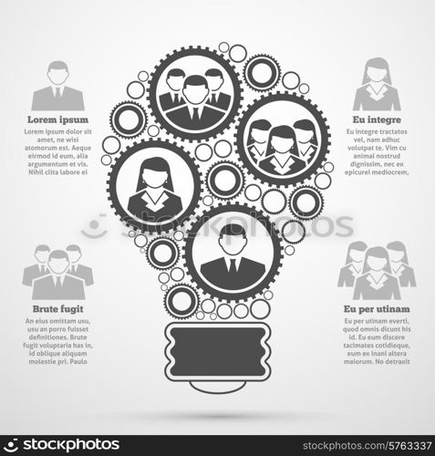 Business management team efficient composition man woman percentage bulb diagram infographic presentation poster black abstract vector illustration . Business team composition bulb infographic