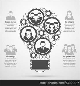 Business management team efficient composition man woman percentage bulb diagram infographic presentation poster black abstract vector illustration . Business team composition bulb infographic