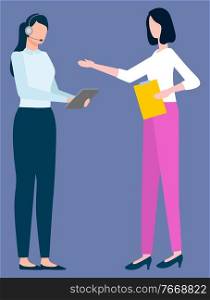 Business management vector, female boss with helper wearing headphones. Businesslady with document in hands showing on tasks. Meeting of people flat style. Businesslady on Meeting with Assistant Business