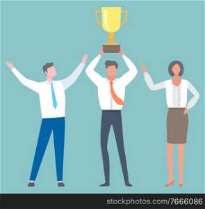 Business managers got award for best results in sales and buys, golden trophy cup and people. Vector analytics and banking workers, brokers collaboration. Business Managers Got Award Best Results in Sales