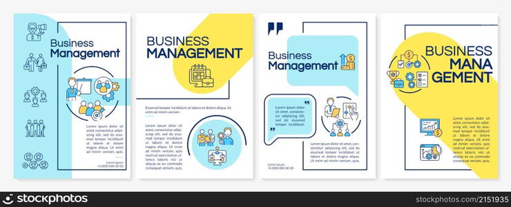 Business mangement blue and yellow brochure template. Booklet print design with linear icons. Vector layouts for presentation, annual reports, ads. Questrial, Lato-Regular fonts used. Business mangement blue and yellow brochure template