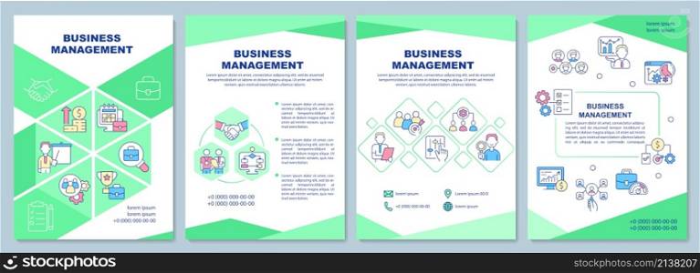 Business mangement brochure template. Coordination and control. Booklet print design with linear icons. Vector layouts for presentation, annual reports, ads. Arial-Black, Myriad Pro-Regular fonts used. Business mangement brochure template