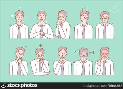 Business mans emotions and facial expressions set concept. Illustration or collection showing different emotions of man. Businessman demonstrates of positive and negative facial expressions.. Mans emotions and facial expressions set
