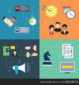Business, marketing communication and strategy icons. Concepts of business handshake, marketing meeting, communication teamwork and strategy.Flat design icons in vector illustration. 