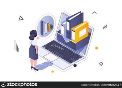Business marketing concept in 3d isometric design. Woman analyzing data and working with documents, planning and developing project. Vector illustration with isometric people scene for web graphic