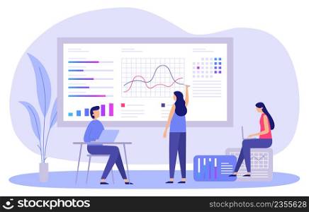 Business marketing strategy. Cartoon man and woman analyzing data, making presentation with charts about investments and product sales. Company management with employees working on laptops vector. Business marketing strategy. Man and woman analyzing data, making presentation with charts about investments