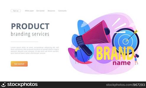 Business marketing strategy, firm recognition web banner template. Brand name, brand identity system, product branding services concept. Website homepage landing web page template.. Brand name concept landing page.