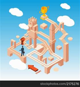Business maze. Businessmen with idea standing on begining of hard way route in building with doors stairs achieves garish vector concept illustration. Business maze and solution, businessman guide. Business maze. Businessmen with idea standing on begining of hard way route in building with doors stairs achieves garish vector concept illustration
