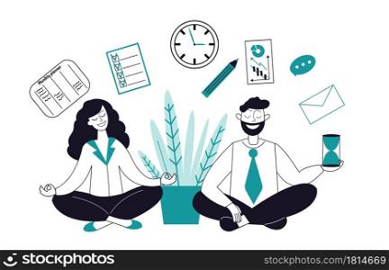 Business meditation characters. Female relax, businesswoman in yoga pose. People stress, effective keeping calm decent vector concept. Character female and male business yoga in office illustration. Business meditation characters. Female relax, businesswoman in yoga pose. People stress, effective manager keeping calm decent vector concept