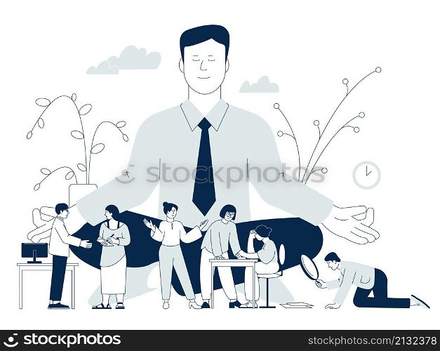Business meditation concept. Relax mind, mindfulness and concentration. Mentor and executive workers, meditating in office recent vector scene on white. Business meditation concept. Relax mind, mindfulness and concentration. Mentor and executive workers, meditating in office recent vector scene