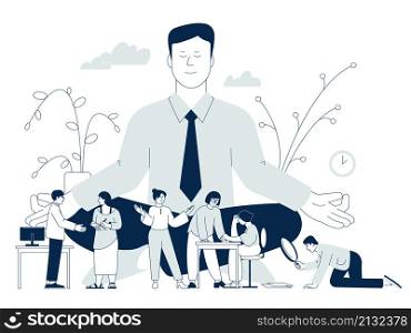 Business meditation concept. Relax mind, mindfulness and concentration. Mentor and executive workers, meditating in office recent vector scene on white. Business meditation concept. Relax mind, mindfulness and concentration. Mentor and executive workers, meditating in office recent vector scene