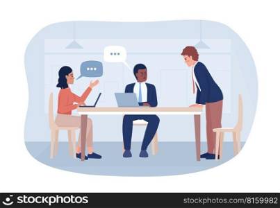 Business meeting 2D vector isolated illustration. Corporate discussion. Office work flat characters on cartoon background. Colorful editable scene for mobile, website, presentation. Business meeting 2D vector isolated illustration