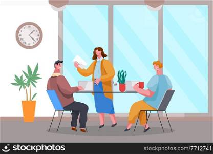 Business meeting and consideration of working issues. Friendly team work. Office workers discussing matters. Business people dressed in formal clothes in modern office interior with laptops talking. Office workers characters discussing matters. Business meeting and consideration of working issues