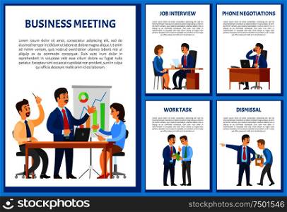 Business meeting and dismissal of workers set vector. Office boss talking on seminar giving presentation to staff, employment recruitment of novices. Business Meeting and Dismissal of Workers Set