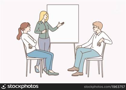 Business meeting and negotiations concept. Group of business partners colleagues having meeting brainstorm discussion or coach presenting lesson vector illustration . Business meeting and negotiations concept.