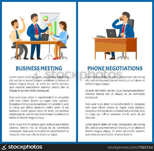 Business meeting and phone negotiation office work. Boss and employees, office work, graphics with statistics, laptop on desk vector illustrations.. Business Meeting and Phone Negotiation Office Work