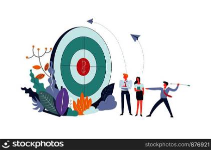 Business meeting and target with dollar aim vector. Male trying to hit the center of rounded board and earn money. Colleagues watching at process, foliage and leaves of plants, finance and wealth. Business meeting and target with dollar sign aim vector